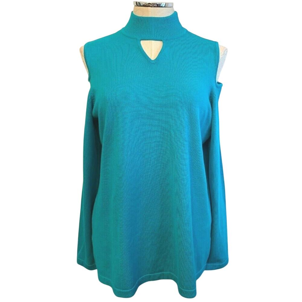 Medium Susan Graver Women's Teal Cold Shoulder Sweater Mock Neck
